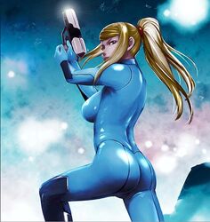  artist_request ass blonde_hair bodysuit breasts gun lb long_hair metroid nintendo ponytail samus_aran skin_tight solo weapon zero_suit 