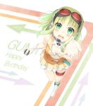  :d blush character_name goggles goggles_on_head green_hair gumi happy_birthday headset holding microphone musical_note open_mouth outstretched_arm smile solo symbol-shaped_pupils thigh_strap tsuruki_noki vocaloid 