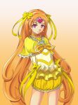  arms_behind_back bow brooch bubble_skirt choker cure_muse cure_muse_(yellow) dress expressionless hair_bow heart jewelry long_hair magical_girl ntk_51 orange_background orange_hair pink_eyes precure shirabe_ako skirt solo suite_precure yellow_dress 