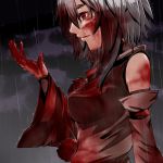  arm_up bare_shoulders blood blood_on_face blood_on_hair blood_stain bloody_clothes bloody_hands cloud clouds cloudy_sky detached_sleeves icf inubashiri_momiji mazuka_kei open_hand parted_lips pom_pom_(clothes) profile rain red_eyes solo touhou water_droplets white_hair 