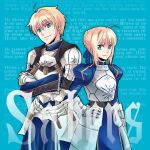  1girl ahoge armor armored_dress blonde_hair dress dual_persona fate/prototype fate/stay_night fate_(series) faulds gauntlets genderswap green_eyes hair_ribbon hand_on_hip hips joha ribbon saber saber_(fate/prototype) short_hair 
