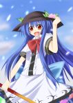 1girl absurdres blue_hair blush bow food fruit hat highres hinanawi_tenshi leaf long_hair long_skirt open_mouth orange_eyes peach short_sleeves skirt sky solo sword sword_of_hisou touhou very_long_hair weapon