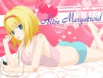  alice_margatroid bare_shoulders barefoot blonde_hair blue_eyes breasts bug_(artist) character_name cleavage digital_media_player hairband headphones heart on_bed on_stomach solo touhou underwear 