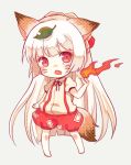  animal_ears blush bow cat_ears cat_tail fang fire fox_ears fox_tail fujiwara_no_mokou haikichi hair_bow leaf long_hair open_mouth red_eyes short_sleeves silver_hair simple_background solo suspenders tail touhou very_long_hair whiskers 