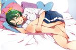  :p barefoot bed bed_sheet blush bottomless bow feet green_eyes green_hair lying midorikawa_nao no_panties on_side open_mouth pillow ponytail precure rumo school_uniform short_hair skirt sleeves_rolled_up smile smile_precure! solo tongue 