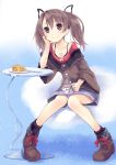  boots brown_eyes brown_hair collarbone cross-laced_footwear cup head_rest jewelry knees_together_feet_apart kyuri necklace original pie sitting smile solo table teacup twintails wide_sleeves 