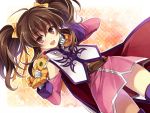  :d ahoge anise_tatlin blush brown_eyes brown_hair checkered checkered_background copyright_request gloves hagiwara_rin holding long_hair open_mouth sheath smile solo star tales_of_(series) tales_of_the_abyss tokunaga twintails white_gloves 
