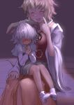  ^_^ animal_ears blonde_hair blush capelet closed_eyes dress embarrassed eyes_closed fidgeting hair_over_eyes hands_together ishikkoro mouse_ears mouse_tail multiple_girls nazrin no_shoes on_lap petite short_hair silver_hair size_difference socks tail toramaru_shou touhou 