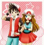  1girl :d arm_hug baseball_cap black_hair blue_(pokemon) blue_eyes breasts brown_eyes brown_hair chikorita85 cowboy_shot happy hat open_mouth pink_background pokemon pokemon_special polka_dot polka_dot_background red_(pokemon) skirt smile star starry_background wristband 