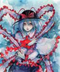  ascot blue_background bow capelet empty_eyes frills hair_between_eyes hat hat_bow lips long_sleeves looking_at_viewer nagae_iku parted_lips pinkxxxna purple_hair red_eyes shawl short_hair solo touhou traditional_media watercolor_(medium) 