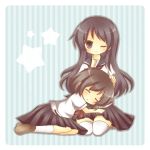  black_eyes black_hair blush kureha_goya lap_pillow long_hair lowres lying multiple_girls onjouji_toki saki saki_achiga-hen school_uniform shimizudani_ryuuka short_hair skirt sleeping smile solo star thigh-highs thighhighs white_legwear wink 