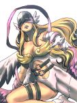  angel angel_wings angewomon artist_request asymmetrical_clothes bare_shoulders belt blonde_hair breasts cleavage digimon gloves head_wings helmet highres katotepe katou_teppei large_breasts long_hair midriff multiple_wings open_mouth simple_background solo visor white_background wings 