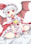  :d ascot bat_wings blue_hair demon_wings frills hat hat_ribbon highres looking_at_viewer open_mouth red_eyes remilia_scarlet ribbon short_sleeves silver_hair sitting smile snowflyer solo tongue tongue_out touhou vampire wings wrist_cuffs 