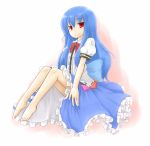  barefoot blue_hair bow dress feet frills hinanawi_tenshi long_hair nice red_eyes short_sleeves simple_background smile smirk solo touhou very_long_hair 