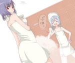  bad_id bare_shoulders blue_hair blush closed_eyes collarbone eyes_closed fan hinanawi_tenshi ibuki_notsu milk multiple_girls nagae_iku notsugimi open_mouth purple_hair red_eyes short_hair touhou towel translation_request 