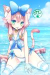  animal_ears aqua_eyes bell bikini bow cat_ears cat_paws cat_tail collar crop_top gradient_eyes hair_bell hair_bow hair_ornament highres kuroki_mashiro looking_at_viewer midriff multicolored_eyes navel original partially_submerged paws pink_hair sitting solo striped striped_legwear swimsuit tail tankini thigh-highs thighhighs tongue wariza water 