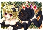  adult alternate_costume black_legwear blonde_hair blush breasts choker cleavage detached_sleeves flandre_scarlet hair_ribbon highres large_breasts ojitcha open_mouth red_eyes ribbon short_hair side_ponytail skirt solo thigh-highs thighhighs touhou wings 