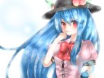  blue_hair bow food fruit hat hinanawi_tenshi lazuli_izayoi leaf long_hair peach red_eyes short_sleeves simple_background smile solo touhou very_long_hair 