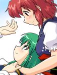  blush green_eyes green_hair multiple_girls obi onozuka_komachi red_eyes red_hair redhead shikieiki_yamaxanadu short_hair short_sleeves simple_background smile supon touhou 