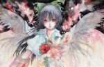  bangs black_hair bow bust cape dress_shirt feathered_wings fire frills gem hair_bow lips long_hair outstretched_hand pinkxxxna red_eyes reiuji_utsuho shirt solo torn_clothes touhou traditional_media watercolor_(medium) wings 
