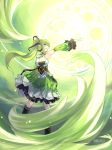  absurdres artist_name black_legwear detached_sleeves dress elf elsword green green_background green_eyes green_hair highres long_hair outstretched_hand pointy_ears ponytail rena_(elsword) smile solo swd3e2 thigh-highs thighhighs wind 