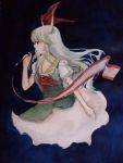  ascot ex-keine fforda green_hair horns kamishirasawa_keine long_hair multicolored_hair red_eyes scroll solo touhou traditional_media watercolor_(medium) white_hair 