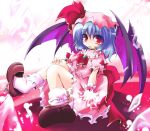  anbee_(arary) ascot bad_id bat_wings blouse bobby_socks bow brooch buttons eyelashes fang hand_on_knee hat hat_ribbon highres jewelry lavender_hair light light_particles lilia1227 looking_at_viewer open_hand open_mouth outstretched_arm red_eyes remilia_scarlet ribbon shards shoe_dangle short_hair short_sleeves sitting skirt smile socks solo touhou white_legwear wings 
