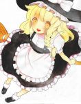  apron blonde_hair blush bow braid broom cha_(cha0-0) frills hair_bow hat hat_bow kirisame_marisa long_hair looking_at_viewer mary_janes open_mouth shoes short_sleeves side_braid simple_background single_braid solo touhou witch_hat yellow_eyes 