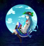  blue_hair boots bow food fruit furapechi hat highres hinanawi_tenshi leaf long_hair peach red_eyes short_sleeves sky solo touhou very_long_hair 
