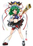  adapted_costume blush bow green_eyes green_hair hat microphone miniskirt navel open_mouth rod rod_of_remorse shikieiki_yamaxanadu short_sleeves simple_background skirt solo sweatdrop takamoto_akisa touhou 