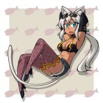  animal_ears aqua_eyes armpits arms_behind_head bikini_top cat_ears cat_tail chiki_(artist) choker dark_skin elbow_gloves fishnets gloves kaiten_muten-maru long_hair shamu_meruruusa shorts solo sunglasses sunglasses_on_head tail thigh-highs thighhighs white_hair 