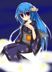  alternate_costume bad_id balloon blue_hair food fruit hinanawi_tenshi japanese_clothes leaf long_hair long_sleeves peach red_eyes simple_background smile solo string touhou very_long_hair wide_sleeves 
