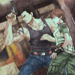  1girl billy_coen black_hair brown_hair coco_(karainosuki) fingerless_gloves gloves green_eyes gun rebecca_chambers resident_evil resident_evil_0 short_hair tank_top tattoo weapon 