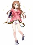  :d brown_hair casual choker collarbone green_eyes long_hair open_mouth original shorts simple_background smile solo white_background yunco 