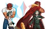  3boys armor bag bangs beard bob_cut bookbag cape casual command_spell dual_persona facial_hair fate/zero fate_(series) genderswap glasses green_eyes green_hair highres multiple_boys necktie nrrr red_eyes red_hair redhead rider_(fate/zero) sensha_otoko short_hair t-shirt waver_velvet 