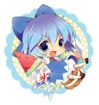  :d bad_id blue_eyes blue_hair chibi cirno deyu_(aytms) dress food fruit holding ice_cream ice_cream_cone lowres open_mouth popsicle sitting smile solo touhou watermelon watermelon_bar 