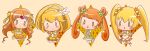  4girls :&gt; blonde_hair blush chibi cup cure_muse_(yellow) cure_peace cure_rosetta cure_sunshine dokidoki!_precure heartcatch_precure! highres jumping kise_yayoi midriff multiple_girls myoudouin_itsuki orange_hair ponytail precure shirabe_ako smile_precure! suite_precure sutourururu teacup tiara twintails yotsuba_alice 