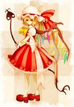  ascot blonde_hair bow choma flandre_scarlet gloves hat hat_bow laevatein large_bow long_hair mary_janes pantyhose pinstripe_pattern red_eyes shoes side_ponytail skirt skirt_set smile solo touhou vertical-striped_legwear vertical_stripes white_gloves white_legwear wings 
