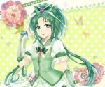  akimoto_komachi akita_komachi_(pixiv3139843) brooch butterfly butterfly_hair_ornament cure_mint flower gloves green_eyes green_hair hair_ornament hairpin jewelry long_hair magical_girl polka_dot polka_dot_background precure purple_rose rose skirt solo yellow_background yes!_precure_5 