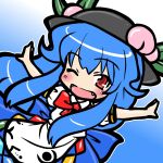  blue_hair blush bow eruru_(erl) eruru_(pixiv356391) fang food fruit hat hinanawi_tenshi leaf long_hair open_mouth outstretched_arms peach red_eyes short_sleeves solo stretch touhou very_long_hair wink 