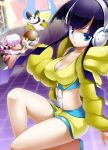  animal black_hair blue_eyes breasts cleavage creature emolga flaaffy fur_coat gym_leader headphones kamitsure_(pokemon) large_breasts leg_up legs long_hair midriff mocchi poke_ball pokemon pokemon_(game) pokemon_bw2 sheep shorts solo thighs twintails 