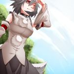  bare_shoulders blue_sky breasts bust detached_sleeves hand_over_face icf inubashiri_momiji large_breasts light_smile mazuka_kei pom_pom_(clothes) red_eyes short_hair silver_hair sky solo tail touhou wide_sleeves wind wink wolf_tail 