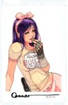  cookie eating fingerless_gloves food girl7 gloves gun holster lalli midriff omar_dogan original pistol purple_hair ribbon signature weapon 