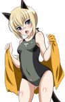  animal_ears bandaid bandaid_on_nose blonde_hair blue_eyes blush cat_ears cat_tail character_request fang hanna_rudel kyougoku_shin long_hair one-piece_swimsuit open_mouth open_towel simple_background solo strike_witches swimsuit tail towel white_background 