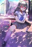  aura glasses grin holding horns katana long_hair original school_uniform sheath sheathed silver_hair skirt smile solo sword tail umeboshitora weapon 
