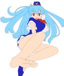  1girl aqua_hair barefoot highres legs long_hair miniskirt open_mouth photoshop skirt smile stewardess tenjouin_katsura thighs vector_trace violet_eyes 