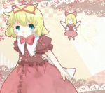  :&gt; blonde_hair blouse blue_eyes blush_stickers bow bust capelet cherry_blossoms doll fairy_wings hair_bow hair_ribbon happa_o lace looking_at_viewer medicine_melancholy open_hand pink_background ribbon short_hair skirt smile solo su-san touhou wings yellow_background 