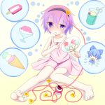  2girls blue_eyes blue_hair blush bow choko_(mixberry_parfait) cirno collarbone fan food gradient_hair hair_bow heart heart-shaped_pupils highres ice ice_cream ice_wings juice komeiji_satori multicolored_hair multiple_girls open_mouth popsicle purple_hair shaved_ice short_hair sleeveless sleeves sweat sweatdrop symbol-shaped_pupils third_eye touhou wings 