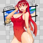  1girl ^_^ blonde_hair breasts bursting_breasts character_name checkered checkered_background chibi_inset closed_eyes dated double_v large_breasts mori_hikiko navel one-piece_swimsuit original partially_translated red_eyes red_hair redhead swimsuit teriyaki translation_request v 