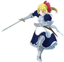  :&lt; armor blonde_hair blue_eyes blush blush_stickers bow breastplate dress gauntlets greaves hair_bow highres kirio_(ccr00235) no_nose ponytail scabbard shanghai_doll sheath simple_background solo standing_on_one_leg sword touhou weapon white_background 